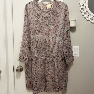 Line of Oslo Pink Peasant Boho Mini Dress S Long Sleeve Geometric semi-sheer